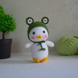 Handcrafted Amigurumi Duck Plush Toy with Frog Hat