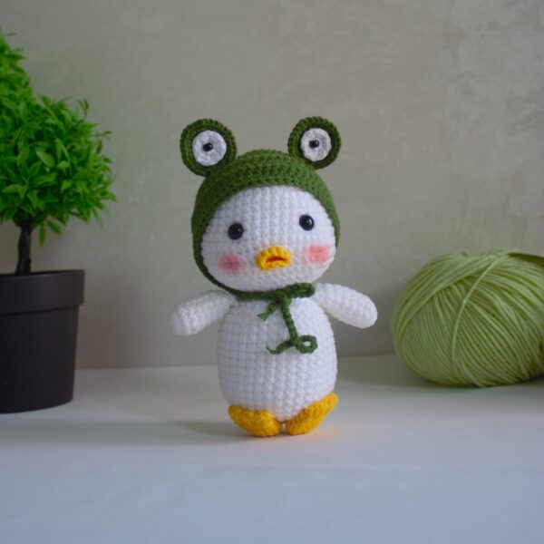Handcrafted Amigurumi Duck Plush Toy with Frog Hat