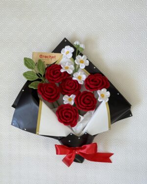 Crochet Flower Bouquet – Handmade with 6 Red Roses, 6 mini daisies