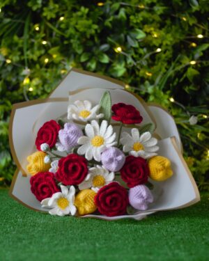 Crochet Flower Bouquet – Handmade with 6 Red Roses, 6 Daisies & 6 Tulips
