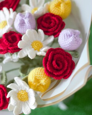 Crochet Flower Bouquet – Handmade with 6 Red Roses, 6 Daisies & 6 Tulips