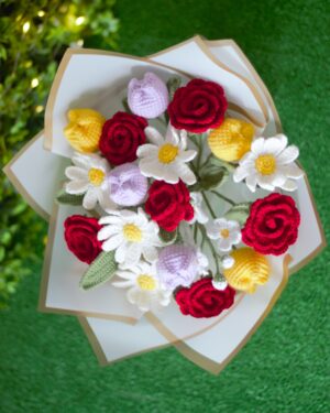 Crochet Flower Bouquet – Handmade with 6 Red Roses, 6 Daisies & 6 Tulips