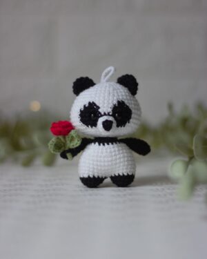 Crochet Panda with Rose – Handmade 11cm Amigurumi Doll with Hanger