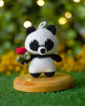Crochet Panda with Rose – Handmade 11cm Amigurumi Doll with Hanger