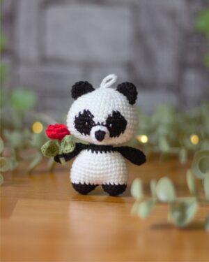 Crochet Panda with Rose – Handmade 11cm Amigurumi Doll with Hanger