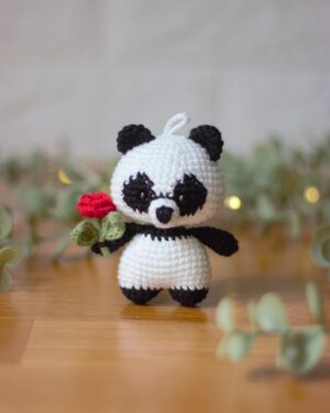 Crochet Panda with Rose – Handmade 11cm Amigurumi Doll with Hanger