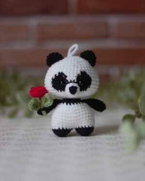 Crochet Panda with Rose – Handmade 11cm Amigurumi Doll with Hanger