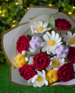 Crochet Flower Bouquet – Handmade with 6 Red Roses, 6 Daisies & 6 Tulips
