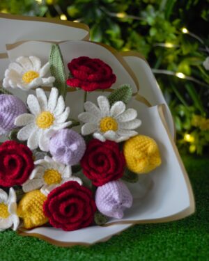 Crochet Flower Bouquet – Handmade with 6 Red Roses, 6 Daisies & 6 Tulips