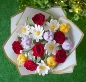 Crochet Flower Bouquet – Handmade with 6 Red Roses, 6 Daisies & 6 Tulips