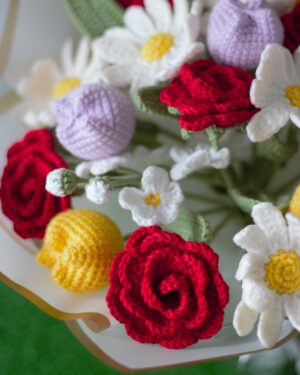 Crochet Flower Bouquet – Handmade with 6 Red Roses, 6 Daisies & 6 Tulips