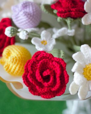 Crochet Flower Bouquet – Handmade with 6 Red Roses, 6 Daisies & 6 Tulips