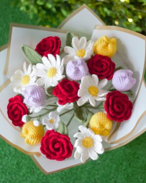 Crochet Flower Bouquet – Handmade with 6 Red Roses, 6 Daisies & 6 Tulips