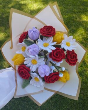 Crochet Flower Bouquet – Handmade with 6 Red Roses, 6 Daisies & 6 Tulips