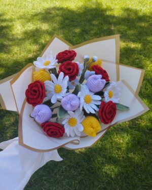 Crochet Flower Bouquet – Handmade with 6 Red Roses, 6 Daisies & 6 Tulips