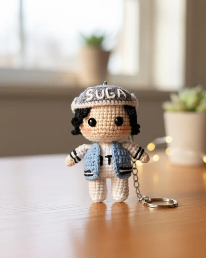 Crochet Suga Doll – Handmade 11cm BTS Amigurumi Keychain