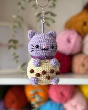 Chibi Boba Cat Crochet Doll – Handmade 11cm Bubble Tea Cat Amigurumi